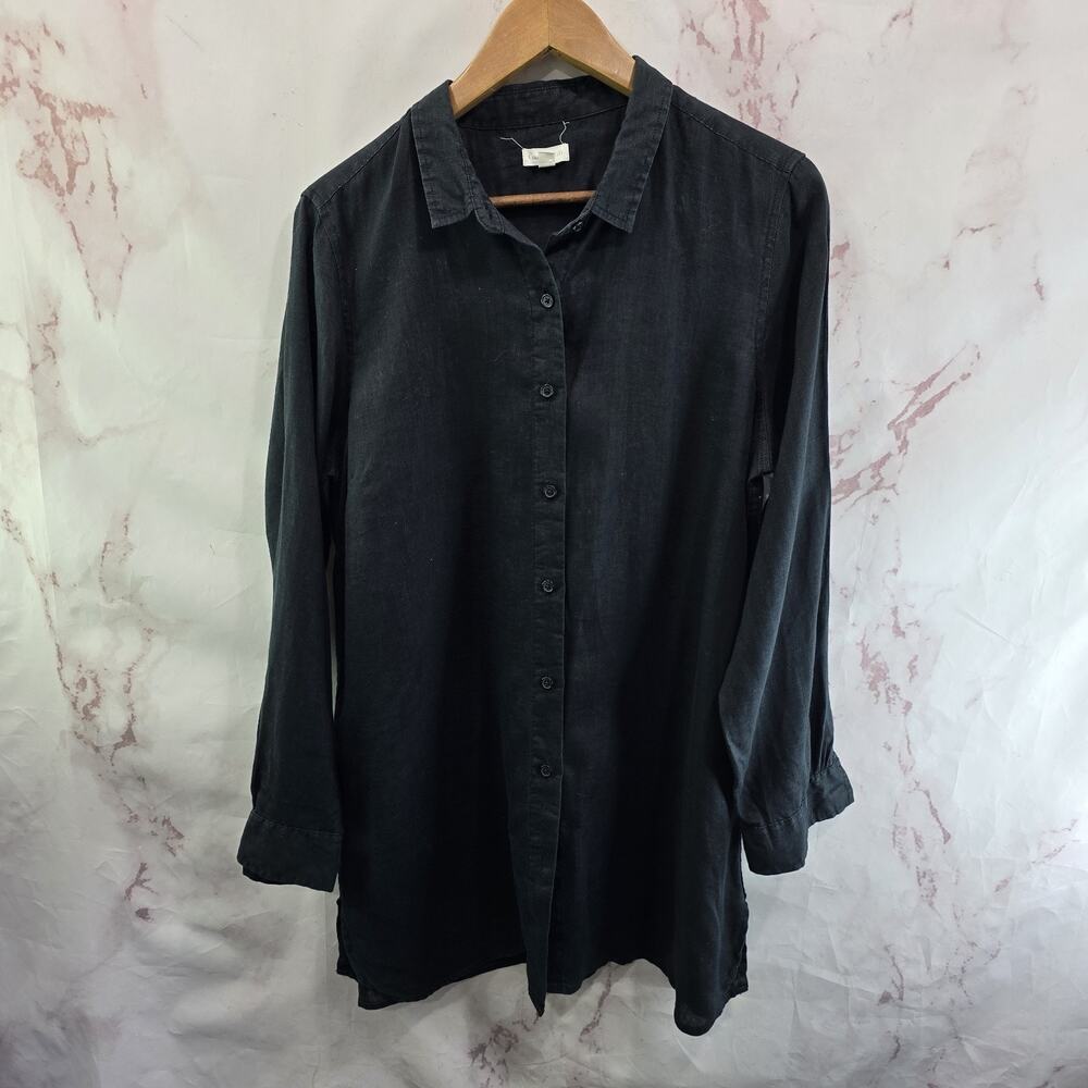 Garnet Hill Shirt Womens Medium Black Linen Button Up Tunic Long Sleeve